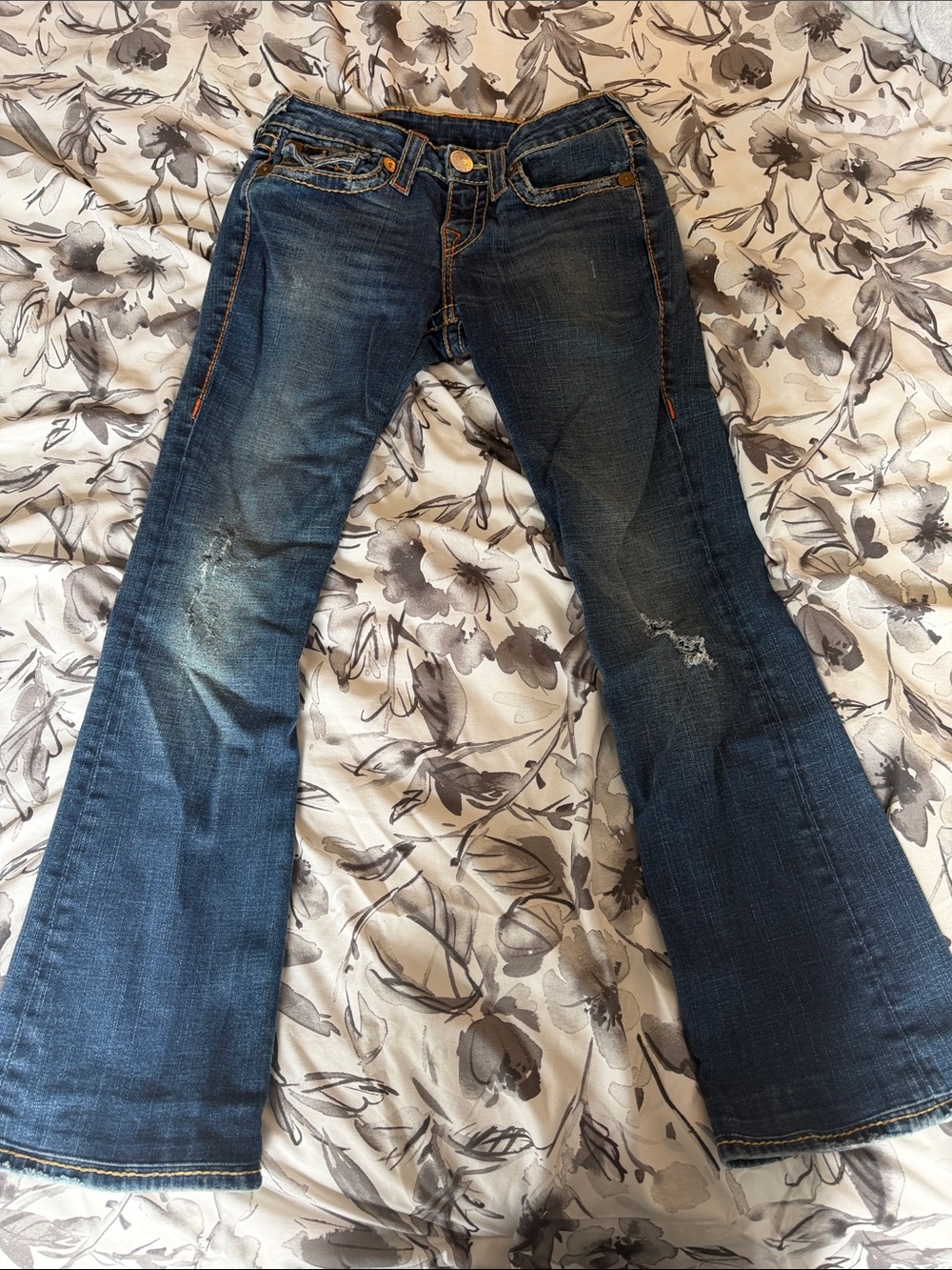 True Religion Dark Blue Flare Jeans with Subtle Distressing